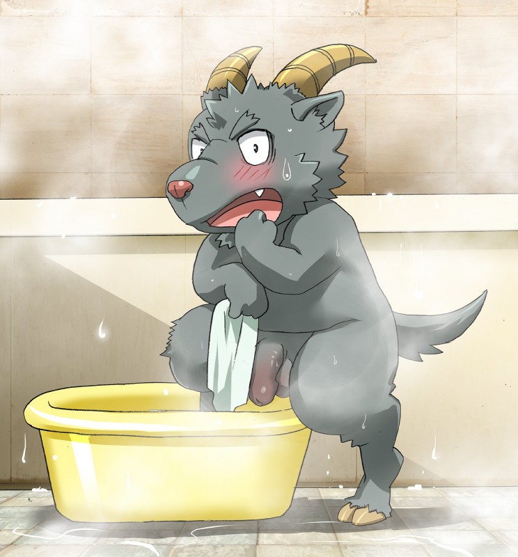 anthro bathing blush bucket chibi container flaccid genitals hooves horn male nude penis solo steam alios q14658091 lifewonders tokyo_afterschool_summoners salomonkun bovid caprine goat mammal hi_res