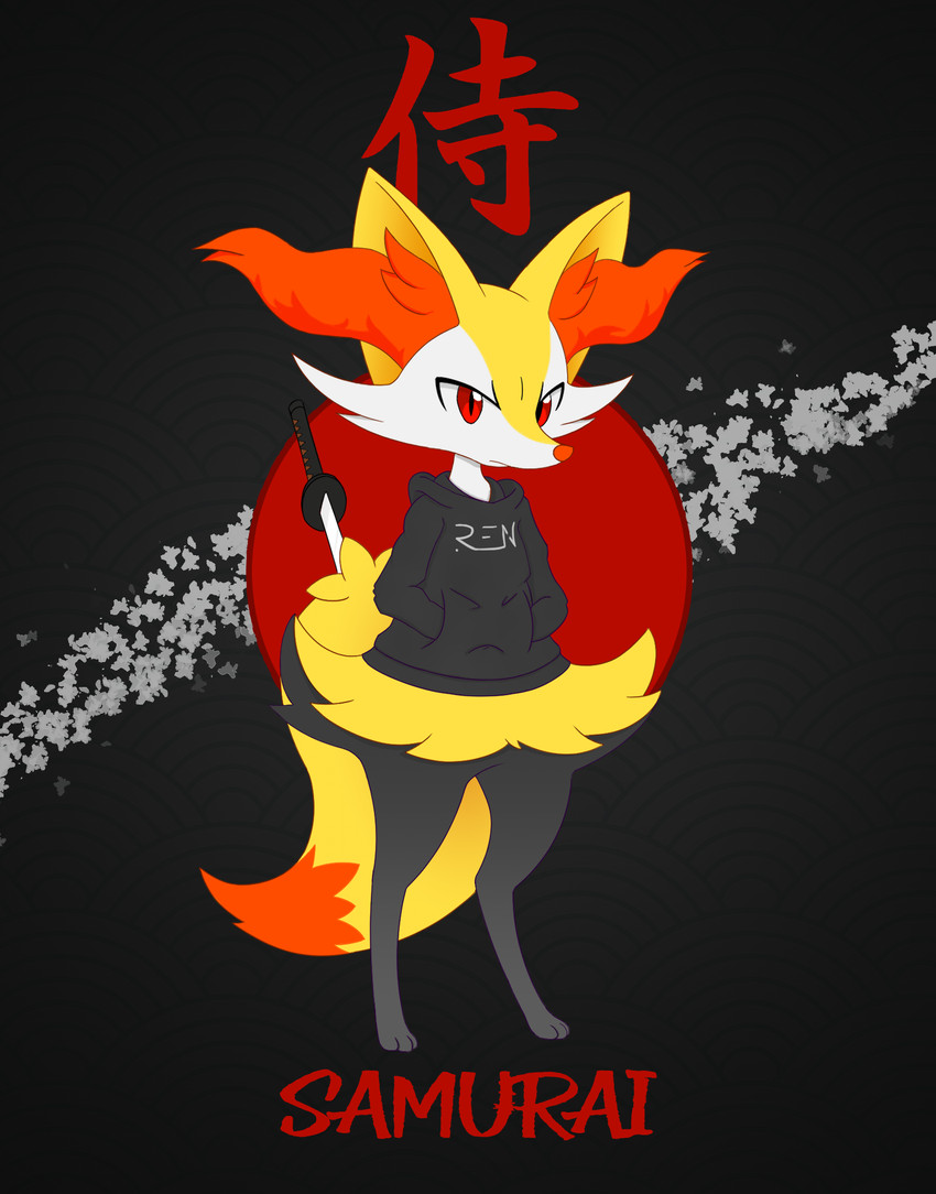 3_toes ambiguous_anthro ambiguous_gender anthro big_tail biped black_background black_body black_fur bottomless bottomless_ambiguous bottomless_anthro cheek_tuft cjk_character clothed clothing digitigrade dipstick_tail facial_tuft feet front_view fur hoodie hoodie_only inner_ear_fluff logo looking_at_viewer markings multicolored_body multicolored_fur object_in_tail on_model orange_body orange_fur orange_nose orange_tail partially_clothed_ambiguous partially_clothed_anthro pointy_ears prick_ears red_eyes simple_background snout solo standing sword_in_tail tail tail_markings text toes topwear topwear_only tuft two_tone_tail white_body white_fur yellow_body yellow_fur yellow_tail renbxn nintendo pokemon braixen canid generation_6_pokemon mammal pokemon_(species) 2024 artist_logo digital_drawing_(artwork) digital_media_(artwork) english_text flat_colors full-length_portrait hi_res japanese_text portrait translated