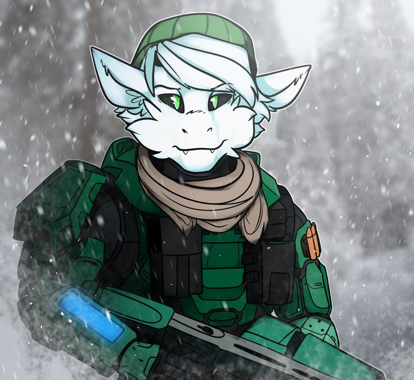 anthro armor clothing fur green_armor green_clothing green_hat green_headwear gun hat headgear headwear holding_object holding_weapon looking_at_viewer male ranged_weapon snow solo weapon white_body white_fur wool_clothing wool_hat wool_headwear poptart_paints halo_(series) microsoft xbox_game_studios apollo_caelum spartan_(halo) gieeg hi_res