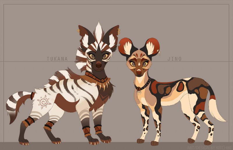 4_toes claws duo feet feral standing toes kitchiki jino_(kitchiki) tukana_(kitchiki) african_wild_dog canid canine hyena mammal striped_hyena 2019 digital_media_(artwork)