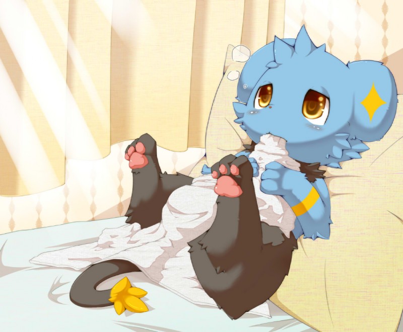 ambiguous_gender bed bedding blanket bodily_fluids feral furniture lying on_back pawpads paws pillow solo tail tears yellow_eyes okunawa nintendo pokemon felid generation_4_pokemon mammal pokemon_(species) shinx