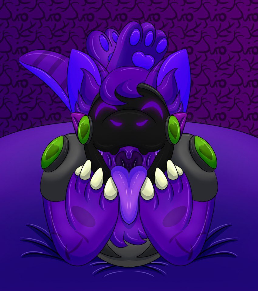 anthro female hair lying machine on_front open_mouth purple_body purple_hair solo tongue tongue_out uvula suiro polly_(pollymaker) protogen absurd_res hi_res