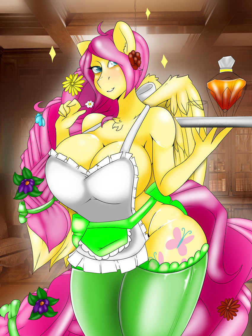 anthro apron beverage big_breasts breasts chest_tuft cleavage clothed clothing female legwear solo thigh_highs tuft wings handmantoot friendship_is_magic hasbro my_little_pony mythology fluttershy_(mlp) equid equine mammal mythological_creature mythological_equine pegasus 3:4 absurd_res hi_res