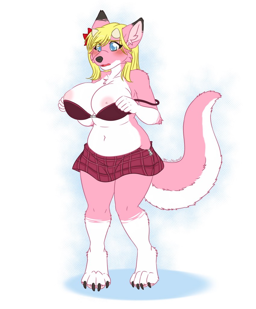 anthro big_breasts blonde_hair blue_eyes blush bottomwear bra breasts clothed clothing exposed_breasts female fur hair horn pink_body pink_fur skirt slightly_chubby solo tail tail_under_skirt text underwear kina_heijima mythology roketchu canid canine canis dragon hybrid mammal mythological_creature mythological_scalie scalie wolf absurd_res english_text hi_res