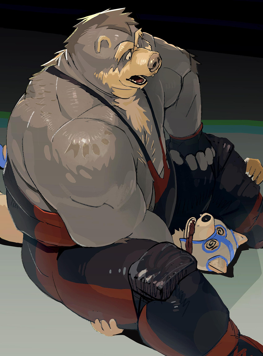 anthro asphyxiation biceps clothing dominant duo fingerless_gloves gloves handwear male male/male mask musclegut muscular open_mouth slightly_chubby spiral_eyes tongue tongue_out unconscious wrestling wrestling_singlet motogen bear canid canine canis mammal wolf 2015 absurd_res hi_res