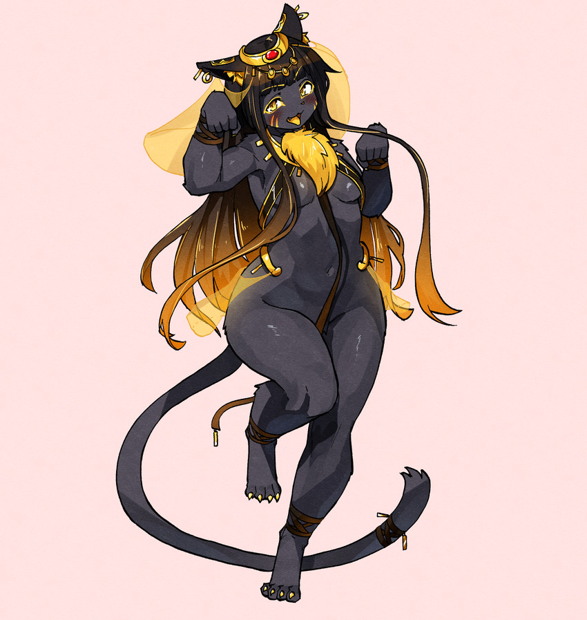 4_toes accessory ankle_band anthro armband barefoot biped black_body black_ears black_fur black_hair black_inner_ear black_tail blush blush_lines bottomless bottomless_anthro bottomless_female breasts cheek_markings chest_tuft circlet claws clothed clothing cute_fangs ear_piercing ear_ring eye_markings eyebrows eyelashes facial_markings fangs feet female female_anthro fingers front_view fur furgonomics glistening glistening_eyes gold_(metal) gold_jewelry gradient_hair hair head_markings humanoid_feet humanoid_hands inner_ear_fluff jewelry kemono long_hair long_tail looking_at_viewer markings medium_breasts monotone_tail multicolored_body multicolored_fur multicolored_hair navel on_one_leg open_mouth orange_hair paw_pose pectoral_(jewelry) piercing plantigrade pose ring_piercing sash simple_background skimpy solo standing tail tail_accessory tailband teeth toe_claws toes tongue topwear tuft two_tone_body two_tone_fur white_background wide_hips yellow_body yellow_claws yellow_eyes yellow_fur yellow_inner_ear_fluff yellow_markings yellow_tongue kagarimachi_ame egyptian_mythology middle_eastern_mythology mythology bast deity domestic_cat felid feline felis mammal 2025 colored digital_media_(artwork) digital_painting_(artwork) full-length_portrait hi_res painting_(artwork) portrait shaded