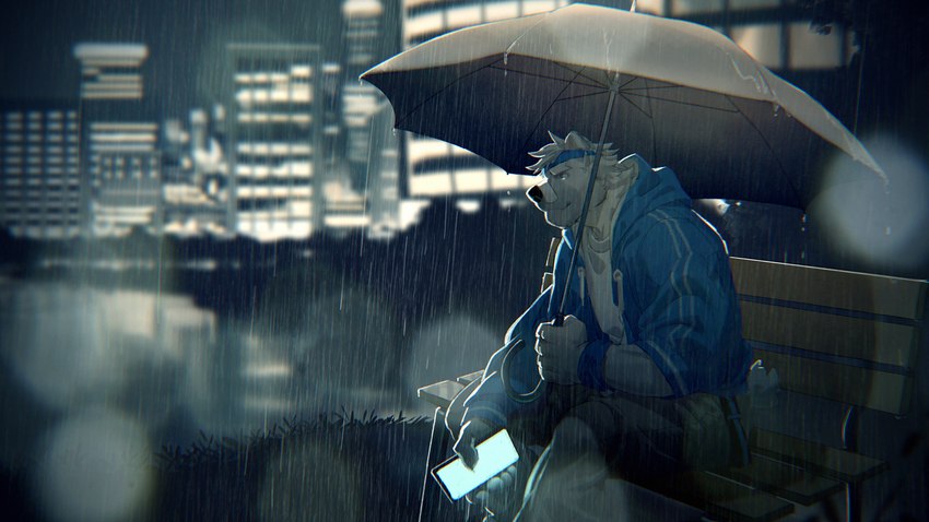 accessory anthro building cellphone city clothed clothing detailed_background electronics fur headband male night outside phone raining skyscraper solo umbrella white_body white_fur window_light rollingstoneeeeee ben_(rollingstoneeeeee) bear mammal polar_bear ursine 16:9 2021 hi_res widescreen