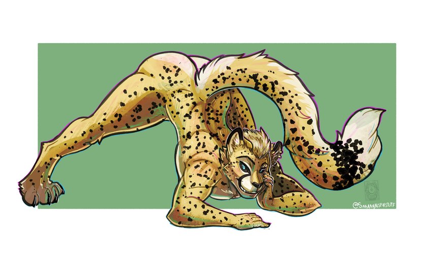 anthro ass_up athletic black_sclera blue_eyes butt casual_nudity cheek_tuft claws ear_piercing ear_ring facial_tuft fluffy fur fuzzy green_eyes hair hand_on_cheek head_tuft jack-o'_pose long_tail looking_at_viewer lying macro male markings nude on_front piercing pose ring_piercing simple_background smile solo spots spotted_body spotted_fur spread_legs spreading tail tan_body tan_fur teeth tuft sakary_yoliztli selreini_(character) cheetah felid feline mammal absurd_res digital_media_(artwork) hi_res