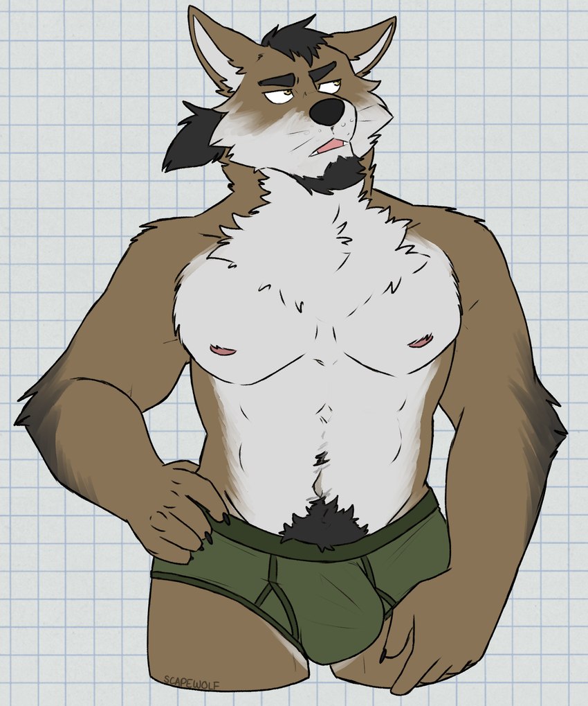 annoyed anthro biped black_body black_claws black_eyebrows black_fur black_hair black_nose body_hair briefs briefs_only brown_body brown_fur bulge chest_tuft claws clothed clothing eyebrows facial_hair frown fur goatee green_briefs green_clothing green_underwear hair hand_on_leg hand_on_thigh happy_trail looking_aside male male_anthro multicolored_body muscular muscular_male navel nipples open_mouth partially_clothed partially_clothed_male pecs pink_nipples ponytail pubes shirtless shirtless_male solo topless topless_male tuft underwear underwear_only whiskers white_body white_fur white_inner_ear yellow_eyes unsafescapewolf in_finite_space brut_(in_finite_space) canid canine canis domestic_dog mammal wolf 2024 digital_drawing_(artwork) digital_media_(artwork) hi_res portrait three-quarter_portrait