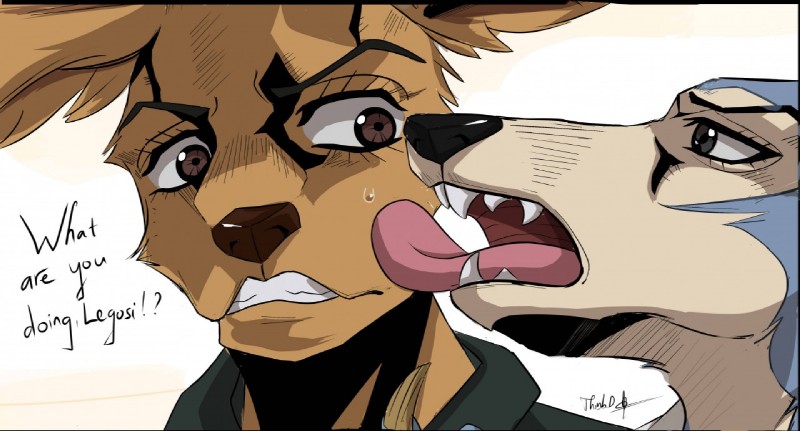 anthro anthro_on_anthro black_nose clothed clothing duo face_lick fangs humor licking male male/male teeth text tongue tongue_out crybaby_d beastars jojo's_bizarre_adventure this_taste_is_the_taste_of_a_liar legoshi_(beastars) louis_(beastars) canid canine canis cervine deer mammal red_deer wolf crossover english_text meme signature