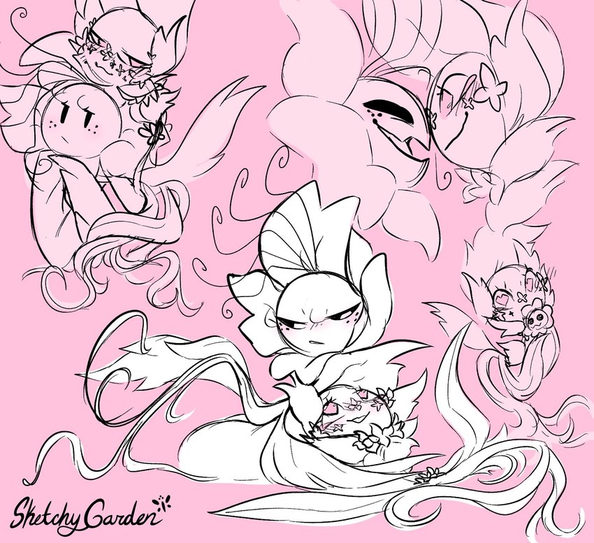 blush curled dialogue duo female flower holding_object holding_plushie lying plant plushie smile sketchygarden arien_the_lavender buddy_the_poppy elemental_creature flora_fauna flower_creature hi_res