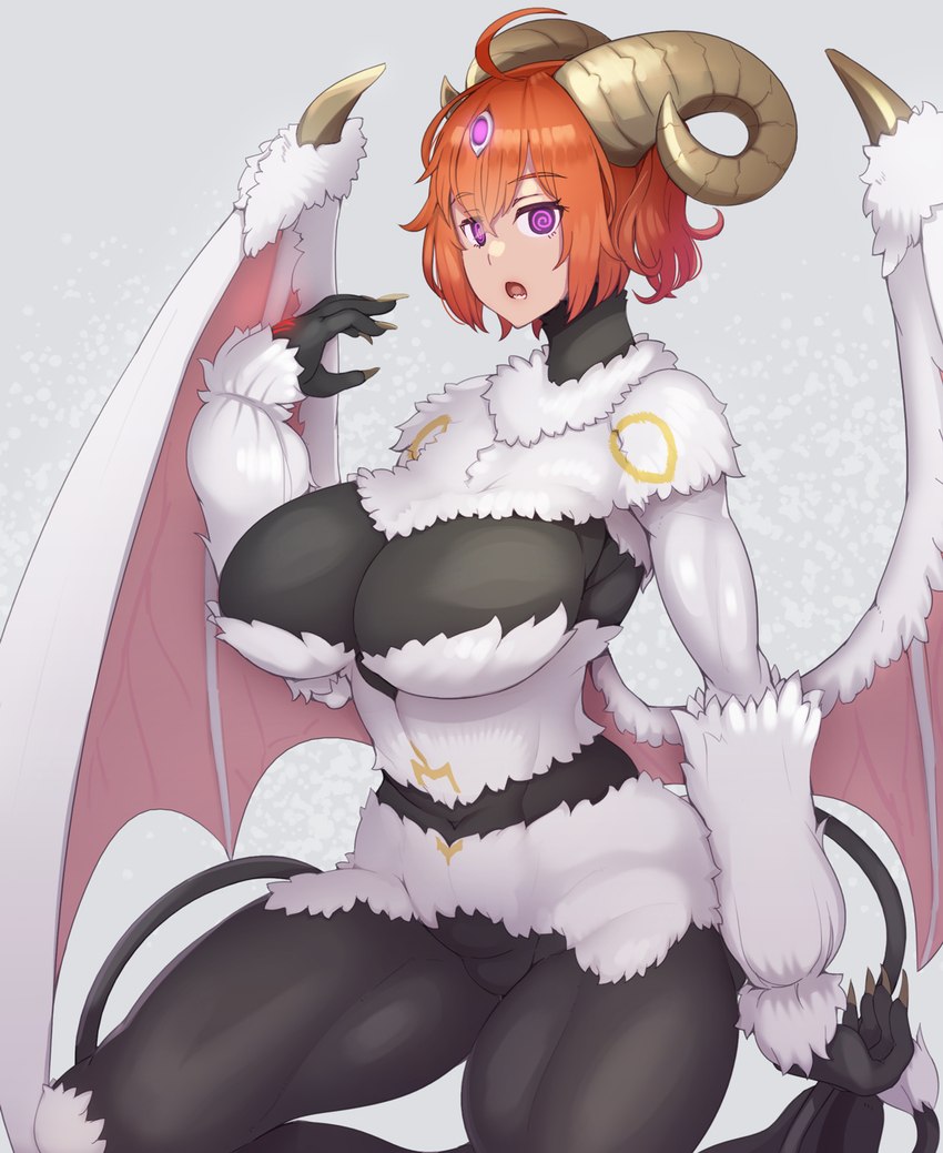 2_horns 3_eyes ahoge bat_wings big_breasts black_body black_skin breasts curved_horn female fur grey_background hair horn huge_breasts light_body light_skin looking_at_viewer membrane_(anatomy) membranous_wings multi_eye open_mouth orange_hair purple_eyes short_hair simple_background solo spiral_eyes white_body white_fur wings abubu fate_(series) type-moon gudako_(fate) ritsuka_fujimaru animal_humanoid bovid bovid_humanoid caprine caprine_demon caprine_humanoid demon goat goat_demon goat_humanoid horned_humanoid humanoid mammal mammal_humanoid digital_media_(artwork) hi_res