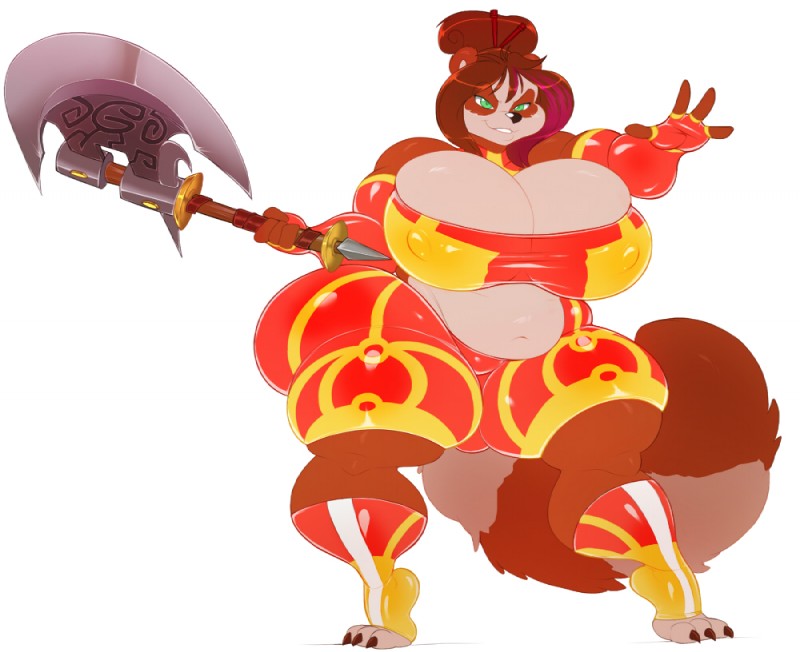 accessory anthro arm_out axe battle_axe belly big_breasts black_nose breasts claws cuddly fantasy_weapon feet female fingers fluffy fluffy_tail green_eyes hair hair_accessory hairpin holding_object holding_weapon love_handles melee_weapon navel overweight overweight_anthro overweight_female simple_background smile solo tail toes weapon ffuffle blizzard_entertainment warcraft niu_swiftreed ailurid bear mammal pandaren red_pandaren