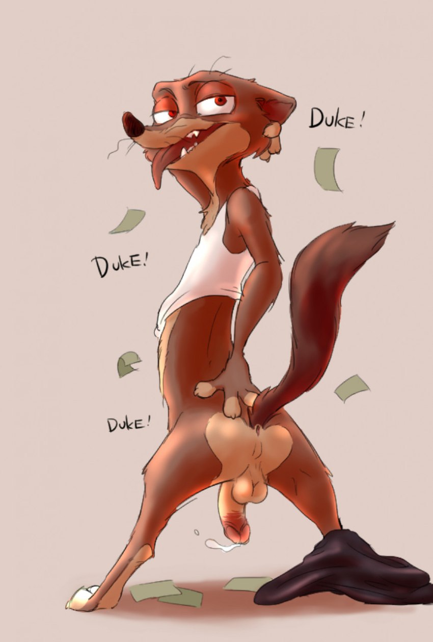 anthro anus backsack balls bodily_fluids bottomless clothed clothing dripping exclamation_point genital_fluids genitals grey_background humanoid_genitalia humanoid_penis male open_mouth penis pose precum precum_drip rear_view simple_background solo standing teeth text tongue tongue_out 4pcsset disney zootopia duke_weaselton mammal mustelid musteline true_musteline weasel 2022 digital_media_(artwork) english_text hi_res