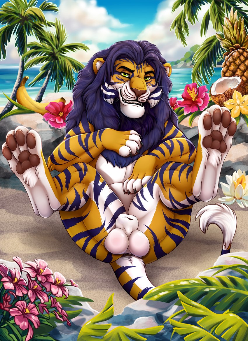 beach feral male nude paws solo xtreme3246 kovu_muabdib felid hybrid liger mammal pantherine tiger absurd_res hi_res