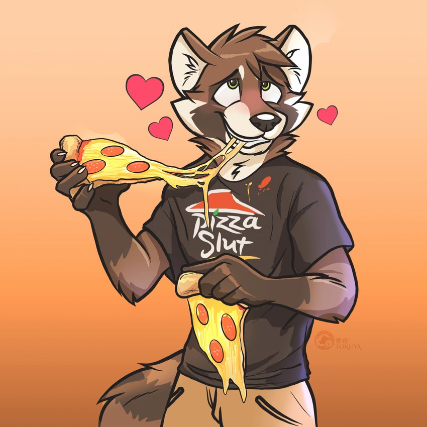 anthro blush clothed clothing eating food gradient_background heart_symbol male pizza pizza_slice shirt simple_background solo t-shirt topwear dasoka tokuya pizza_slut mammal procyonid raccoon 2023 hi_res