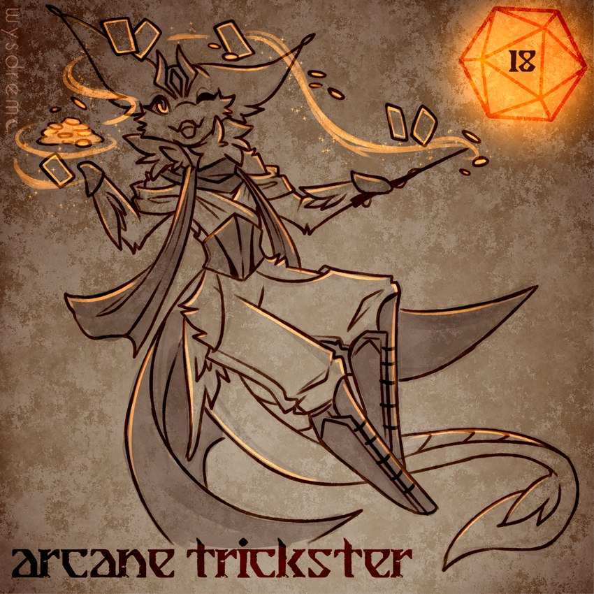 ambiguous_gender anthro arcane card clothing d20 dice glowing gold_(metal) holidays long_tail looking_at_viewer magic money one_eye_closed orange_eyes orange_glow solo tail trickster wink winking_at_viewer wysdrem halloween hybrid unknown_species 1:1 hi_res