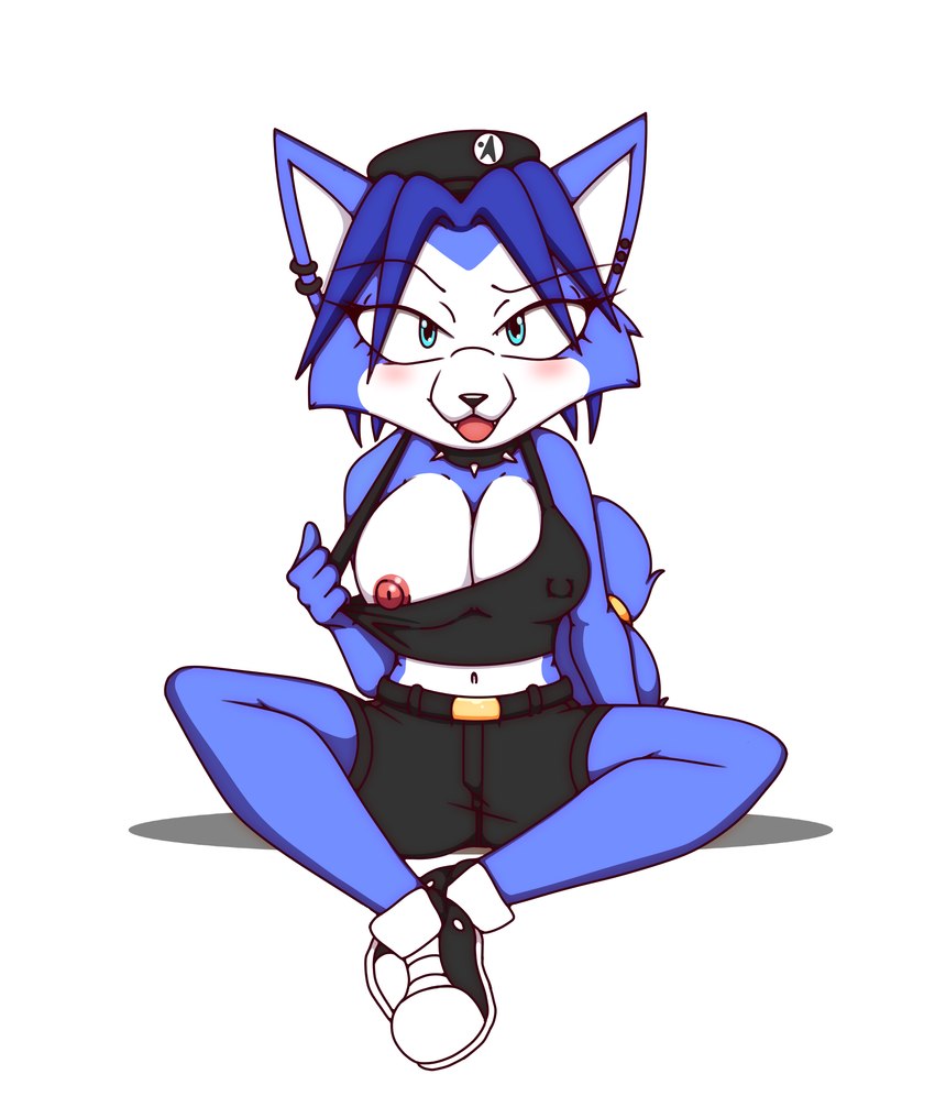 anthro blue_body blue_fur blue_hair blush breasts ear_piercing ear_ring female flashing fur hair nipple_outline nipples one_breast_out open_mouth piercing ring_piercing sitting solo kcn nintendo star_fox krystal_(star_fox) canid canine fox mammal absurd_res hi_res