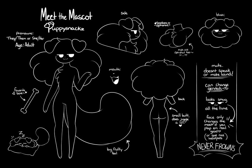 ambiguous_gender anthro black_body blush bone breasts butt female fluffy fluffy_hair fluffy_tail folded_ears fur hair sleeping smug solo tail puppysnackz puppysnackz_(character) canid canine mammal hi_res model_sheet