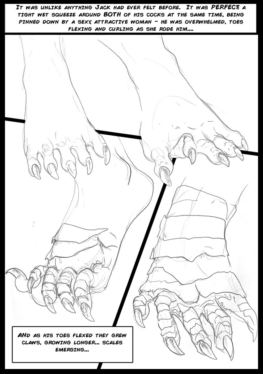 5_toes ambiguous_gender anthro claws feet foot_focus foot_transformation solo text toe_claws toes transformation arania the_cabin_in_the_woods_(arania) jack_(tcitw) armadillo_girdled_lizard girdled_lizard lizard reptile scalie comic english_text hi_res monochrome