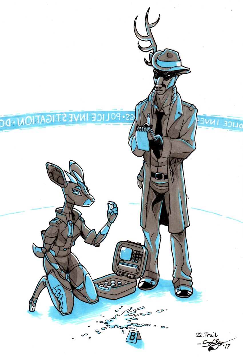 anthro belt big_ears box clothed clothing coat container crime_scene detective duo female hat headgear headwear horn jacket kneeling machine male necktie notebook pen simple_background standing topwear scifer harton_crown ultra_(phlegraofmystery) android antelope bovid deer klipspringer mammal robot true_antelope hi_res restricted_palette