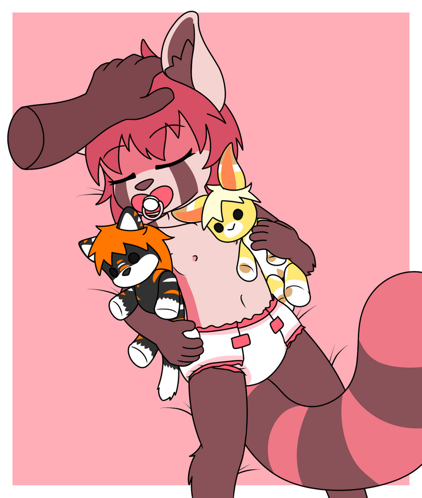 anthro clothed clothing diaper disembodied_hand duo eyes_closed female flat_chested lying navel nipples on_back pacifier patting plushie sleeping solo_focus topless young young_anthro techboy1423 ailurid mammal red_panda hi_res