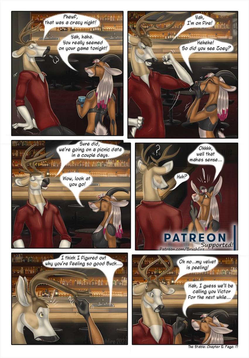 anthro antlers dialogue duo female horn male text brushfire buck_(brushfire) pixie_(brushfire) zoey_(brushfire) bovid caprine deer goat mammal comic english_text hi_res url