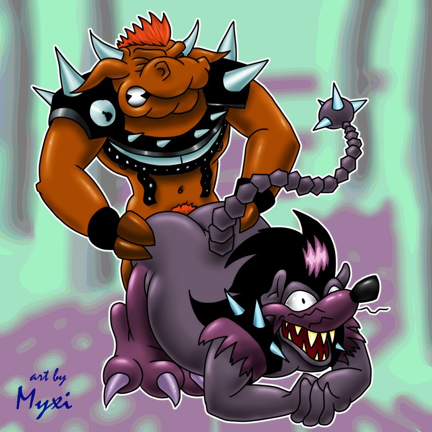 alternative_fashion anal anthro bent_over butt butt_grab duo feet hand_on_butt male male/male mohawk punk purple_body raised_tail slightly_chubby slightly_chubby_male spikes tail talons teeth toes yellow_teeth myxi battletoads rareware big_blag general_slaughter bovid bovine cattle mammal murid murine rat rodent 1:1 hi_res