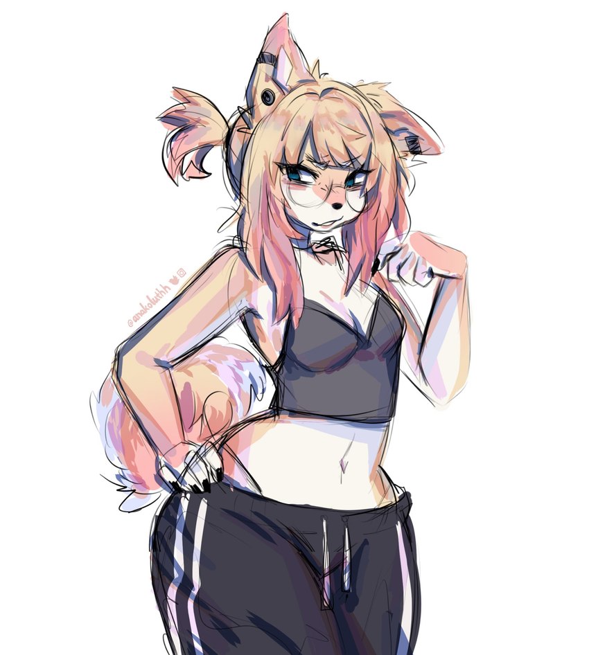 anthro black_bottomwear black_clothing black_pants blue_eyes bottomwear breasts clothing eyewear female glasses hair hand_on_hip long_hair medium_breasts pants pink_hair round_glasses solo thong underwear wide_hips anakoluth aska_(anakoluth) canid canine fox mammal hi_res