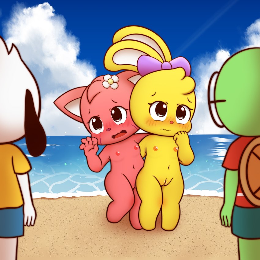 anthro beach blush clothed clothing cloud doh duo embarrassed female flat_chested fur genitals group male navel nipples nude open_mouth outside pink_body pink_fur public public_nudity pussy sea seaside shy standing water yellow_body yellow_fur young young_anthro koufun playkids junior_(playkids) kate_(playkids) mimi_(playkids) theo_(playkids) domestic_cat felid feline felis lagomorph leporid mammal rabbit reptile scalie turtle 1:1 hi_res