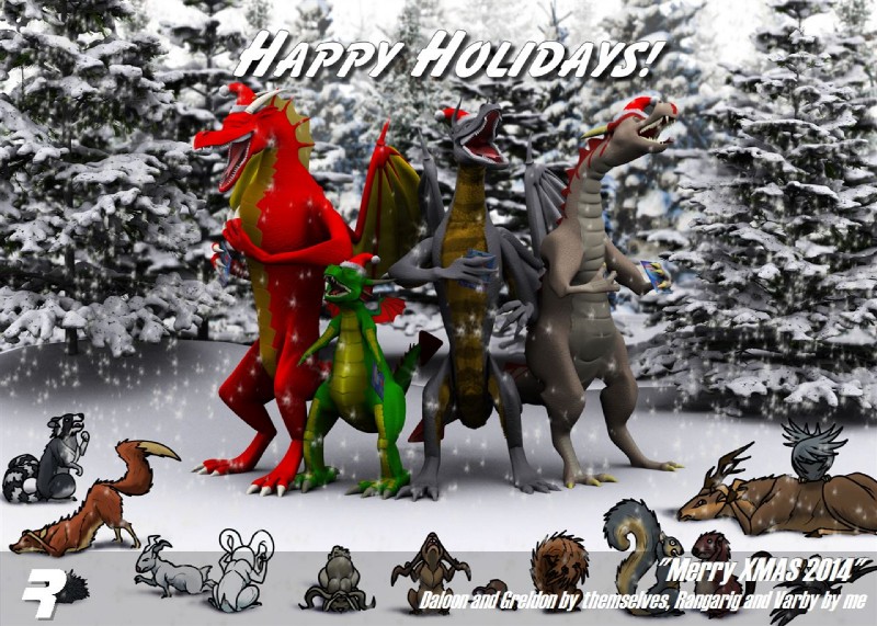 4_toes anisodactyl anthro christmas_clothing christmas_headwear clothing feet group happy hat headgear headwear holiday_message holidays male membrane_(anatomy) membranous_wings outside santa_hat singing size_difference snow tail text toes wings rangarig christmas european_mythology mythology daloon greldon rangarig_rex varby dragon mythological_creature mythological_scalie scalie western_dragon 2014 3d_(artwork) digital_media_(artwork) english_text