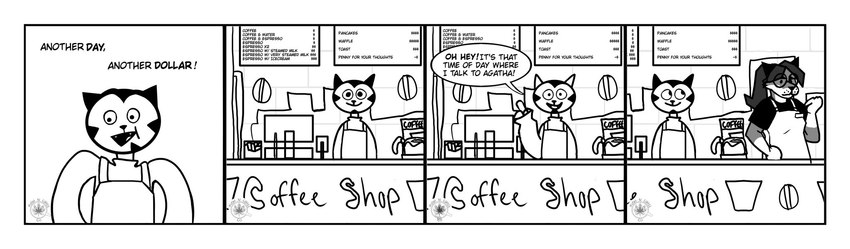 anthro beverage border cafe coffee dialogue duo female kush&coffeeco. male text white_border unknown_artist agatha_(justintime) justin_time_(justintime) domestic_cat felid feline felis mammal comic english_text hi_res monochrome