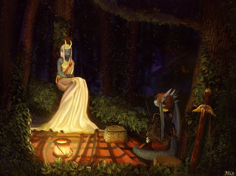 anthro brown_hair campfire clothed clothing detailed_background dress duo fantasy female fire food forest gold_(metal) hair happy horn lamp lantern magic male membrane_(anatomy) membranous_wings nature night outside picnic plant smile tail tree white_clothing white_dress white_hair wings relevancy mythology ciirka_grey tabion dragon mythological_creature mythological_scalie scalie 2015