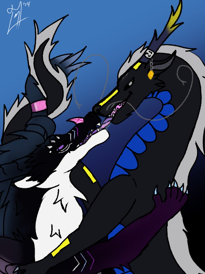 duo entwined_tails eye_contact feral french_kissing fur horn kissing looking_at_another open_mouth tail tail_coil tongue tongue_out alex-derg mythology dragon eastern_dragon furred_dragon furred_scalie mythological_creature mythological_scalie scalie hi_res