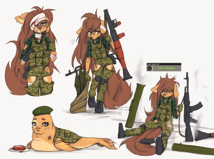 ak-103 anthro assault_rifle bandage blood bodily_fluids bridge_piercing camo camo_clothing camo_print clothed clothing ear_piercing ear_ring facial_piercing female female_anthro floppy_ears fur gesture gloves gun hair hand_gesture handwear iv_bag iv_line kemono long_hair looking_at_viewer military nose_piercing notched_ear pattern_clothing piercing ranged_weapon rifle ring_piercing rocket_launcher solo surface_piercing tattoo thumbs_up weapon wounded tinygaypirate arma_3 apogee_(tinygaypirate) canid canine canis domestic_dog mammal marine pinniped seal spitz 2023 absurd_res digital_media_(artwork) hi_res multiple_images