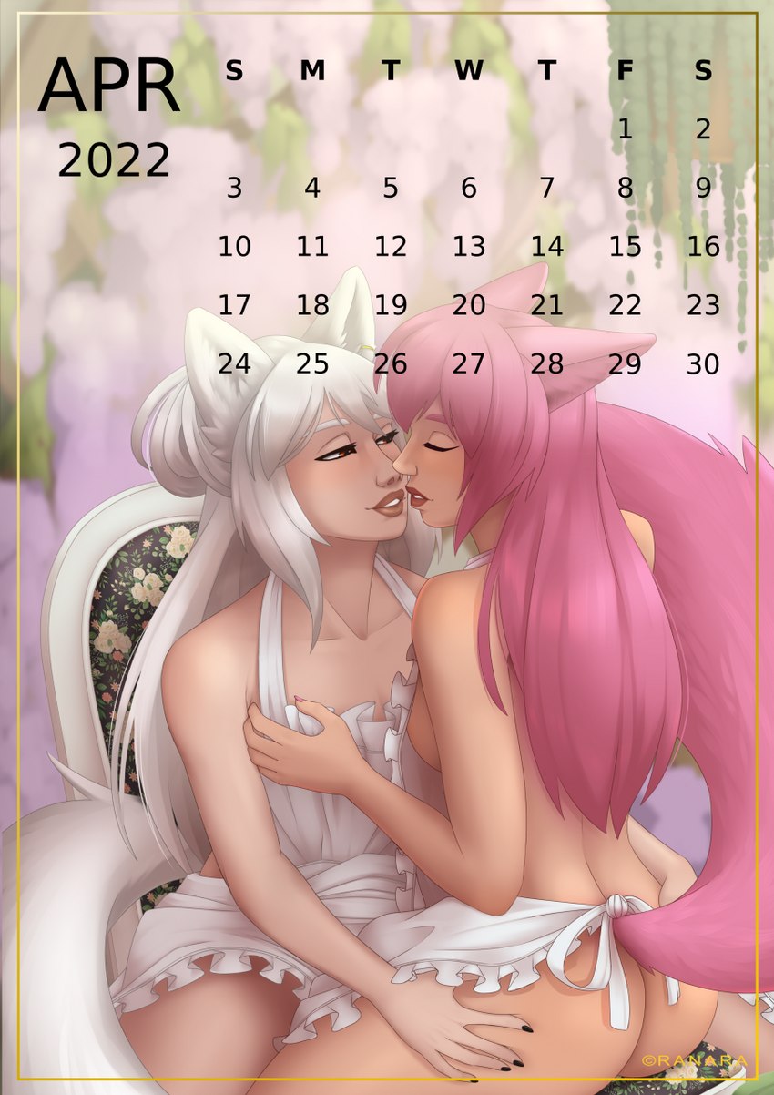 april_(month) calendar calendar_graphic duo female female/female pose ranara shinyuu_(character) animal_humanoid canid canid_humanoid canine canine_humanoid humanoid mammal mammal_humanoid hi_res pinup