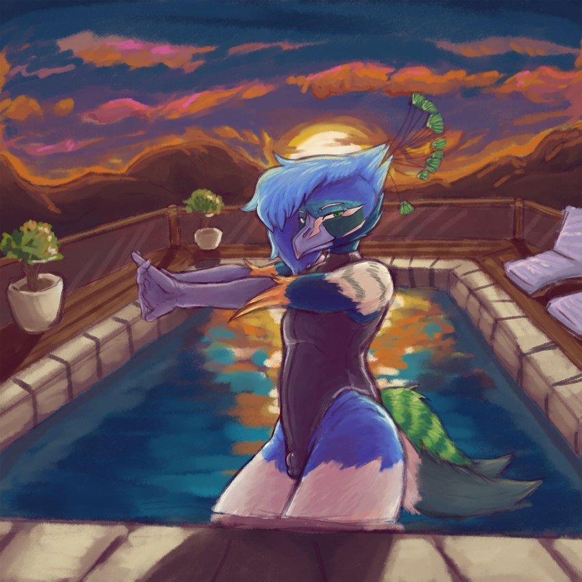 anthro beak blue_body bulge chair clothing detailed_background detailed_bulge furniture green_eyes hair head_crest male one-piece_swimsuit outside plant smile solo sunset swimming_pool swimwear water arino tomi_(arino) avian bird galliform indian_peafowl peafowl phasianid 1:1 digital_media_(artwork) hi_res