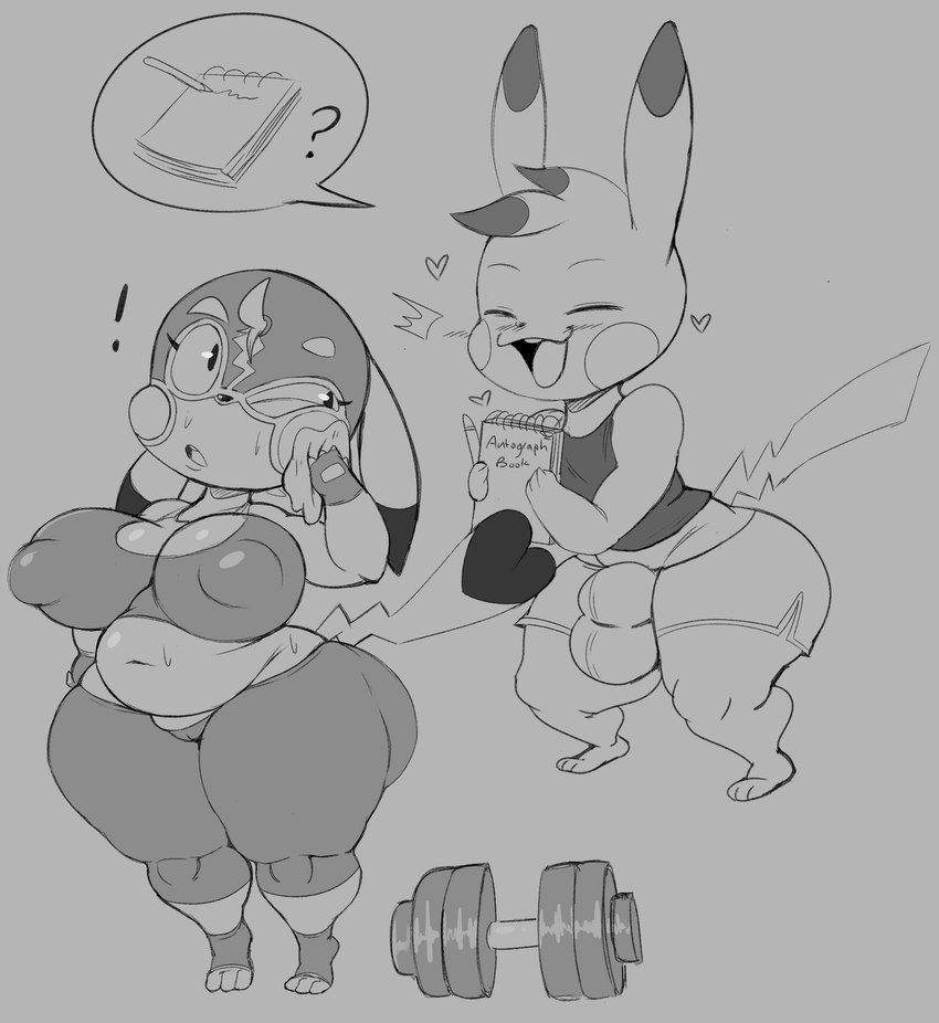 anthro balls_outline barefoot big_breasts bodily_fluids bottomwear breasts bulge camel_toe clothing cosplay_pikachu_(costume) detailed_bulge dumbbell duo exclamation_point eyes_closed feet female fingerless_gloves genital_outline gloves hair handwear huge_hips huge_thighs male mask midriff notebook open_mouth pants pencil_(object) question_mark rag shirt shorts slightly_chubby sports_mask sportswear sweat tank_top thick_thighs topwear weights wide_hips wiping_face wrestling_mask purple_yoshi_draws nintendo pokemon kenny_(joaoppereiraus) pikachu_libre generation_1_pokemon pikachu pokemon_(species) 2023 hi_res monochrome