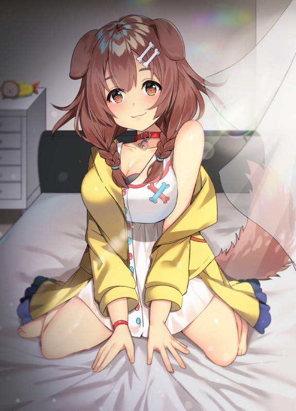 :3 accessory alternative_fashion barefoot bed braided_hair breasts brown_eyes brown_hair cleavage clothed clothing collar feet female furniture hair hair_accessory hairclip inside j-fashion kneeling off_shoulder solo youtuber lux_(artist) hololive vtuber inugami_korone animal_humanoid canid canid_humanoid canine canine_humanoid dog_humanoid humanoid mammal mammal_humanoid 2019 hi_res