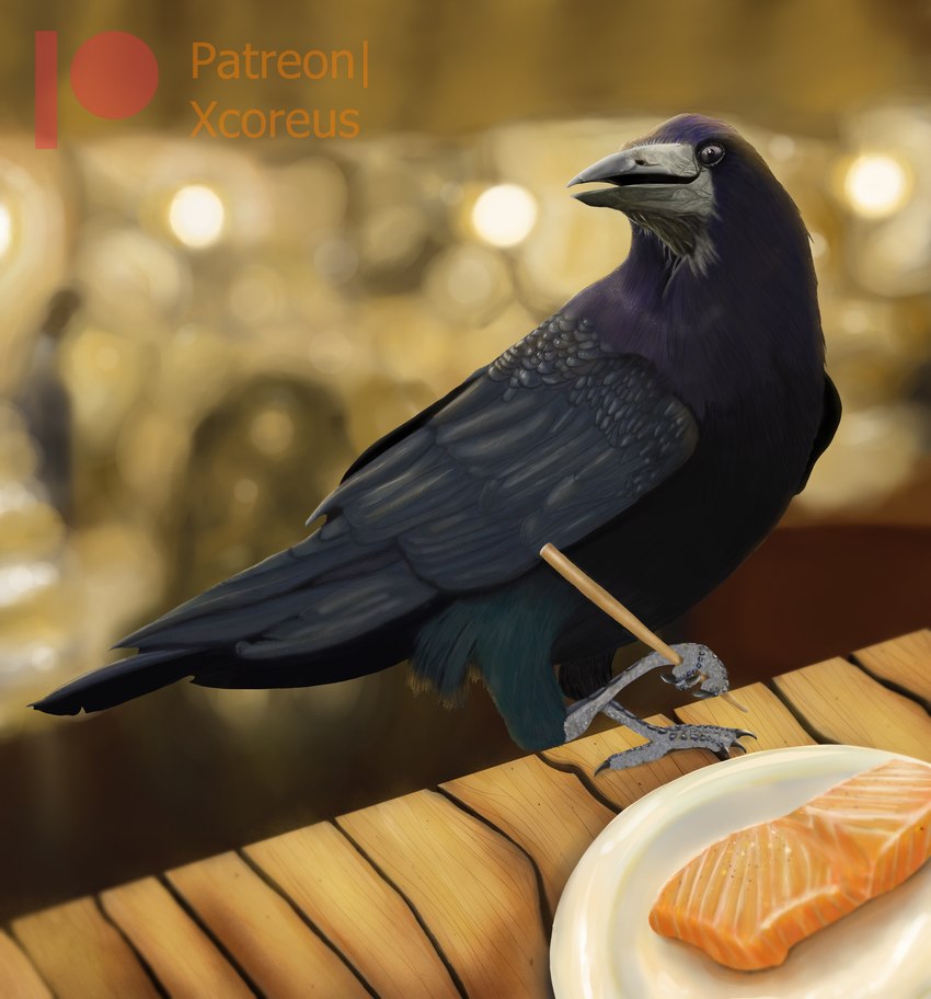 ambiguous_gender beak bokeh chopsticks claws fluffy food furniture plate smile solo table tail wings xcoreus avian bird corvid corvus_(genus) fish marine oscine passerine salmon salmonid_(fish) absurd_res hi_res