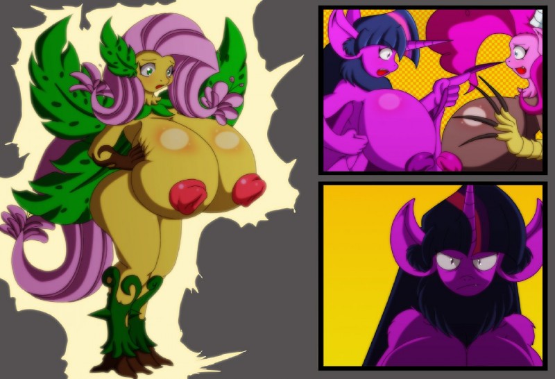 angry anthro anthrofied big_breasts big_nipples blue_eyes blush breast_squish breasts brown_body brown_fur checkered checkered_background claws female fur grey_background group hair horn huge_breasts leaf long_nails looking_at_viewer multicolored_hair neck_tuft nipples nude open_mouth pattern_background pink_body pink_fur pink_hair plant purple_body purple_eyes purple_fur purple_hair sharp_teeth simple_background squish surprise teeth thorns transformation tuft two_tone_hair unimpressed wings yellow_background yellow_body yellow_fur animewave friendship_is_magic hasbro my_little_pony mythology fluttershy_(mlp) pinkie_pie_(mlp) twilight_sparkle_(mlp) bat chimera draconequus earth_pony equid equine horse mammal mythological_creature mythological_equine pegasus pony 2013 comic