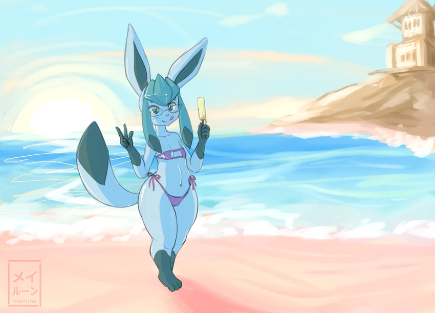 anthro anthrofied barefoot beach bikini clothing day digitigrade feet female flat_chested food pokemorph popsicle sand seaside short_stack solo swimwear text two-piece_swimsuit water wide_hips meirune nintendo pokemon canid eeveelution generation_4_pokemon glaceon mammal pokemon_(species) hi_res japanese_text signature