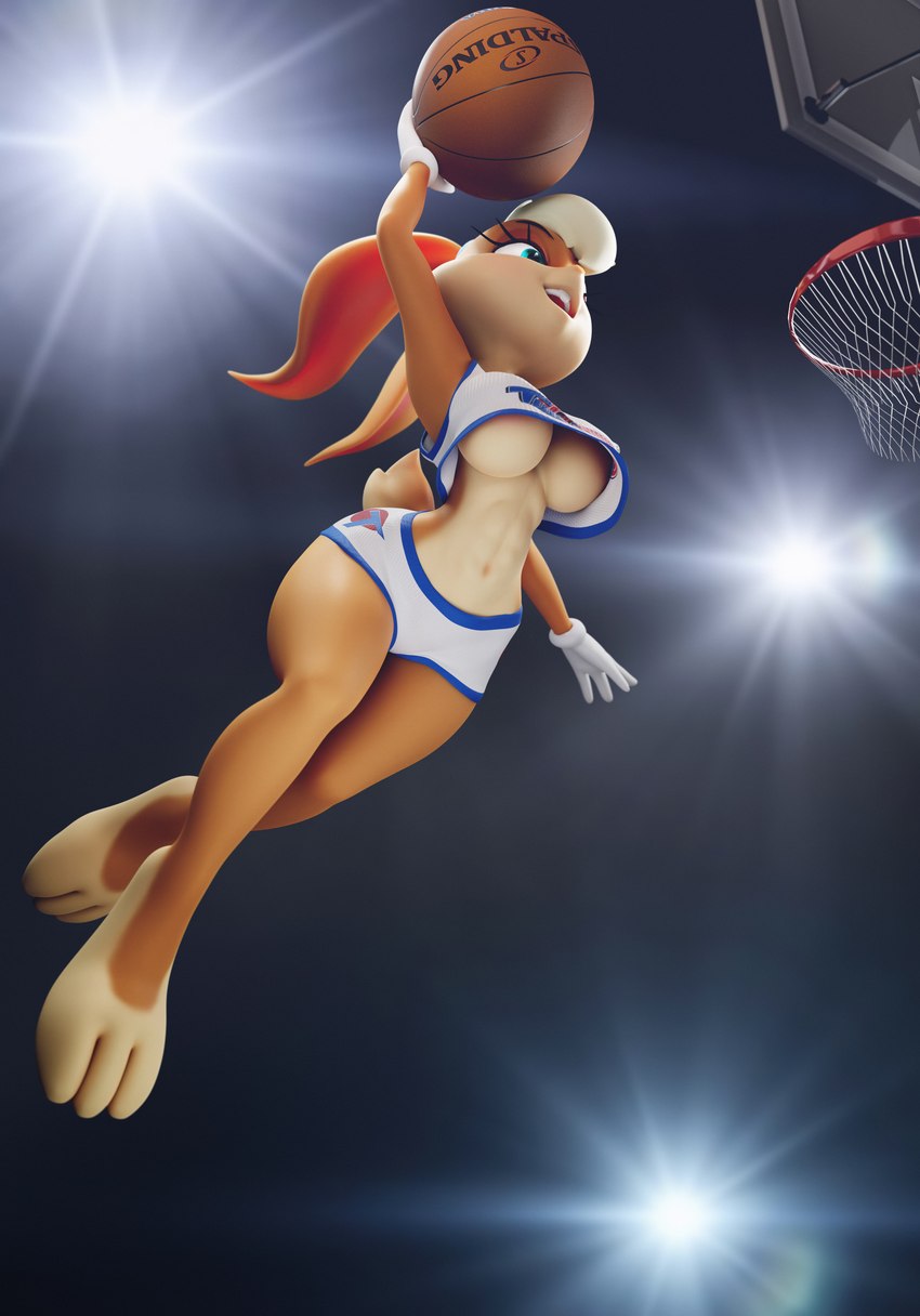 anthro ball basketball_(ball) basketball_uniform big_breasts blonde_hair breasts clothing female hair ponytail_ears scut_tail short_tail solo sportswear tail thick_thighs tune_squad_outfit tune_squad_outfit_(1996) under_boob uniform wide_hips batesz2 looney_tunes space_jam warner_brothers lola_bunny lagomorph leporid mammal rabbit 3d_(artwork) absurd_res digital_media_(artwork) hi_res