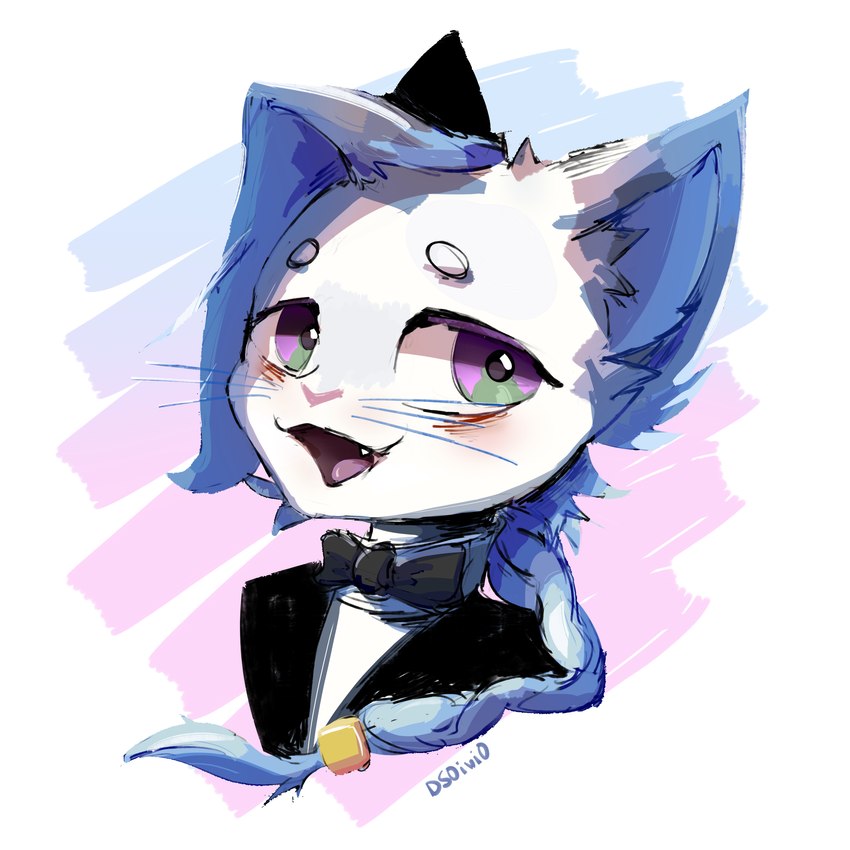 anthro blue_hair bow_tie fur hair male rattail_(hairstyle) solo teeth_showing waiter white_body white_fur ds0ivi0 stiria domestic_cat felid feline felis humanoid mammal 1:1 absurd_res hi_res