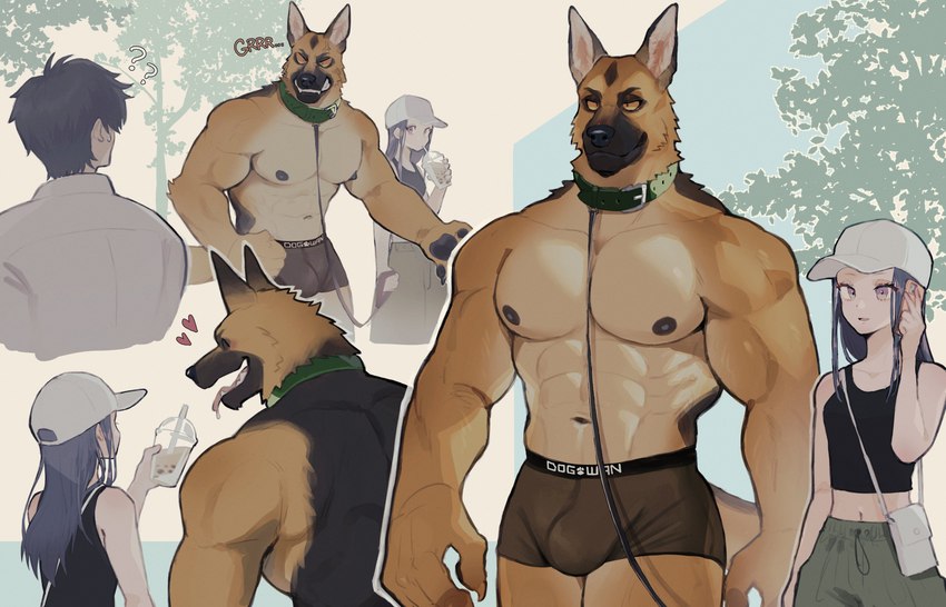 abs anthro anthro_focus biped black_body black_fur brown_body brown_fur bulge collar duo female female_human fur group heart_symbol larger_anthro larger_male leash leashed_collar male male_anthro male_focus multicolored_body multicolored_fur muscular muscular_anthro muscular_male pecs size_difference smaller_female smaller_human tan_body tan_fur k0bit0wani canid canine canis domestic_dog german_shepherd herding_dog human mammal pastoral_dog 14:9 2024 absurd_res digital_media_(artwork) hi_res