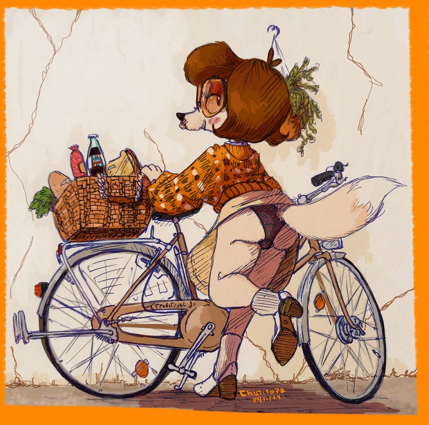 basket beverage bicycle boots bottomwear clothed clothing clothing_lift container crossdressing eyewear footwear glasses groceries hanging_plant male panties panty_bulge panty_shot plant plant_pot potted_plant raised_tail shoes simple_background skirt skirt_lift soda solo sweater tail topwear underwear vehicle chuchito72 chuchito_(chuchito72) canid canine canis domestic_dog mammal hi_res