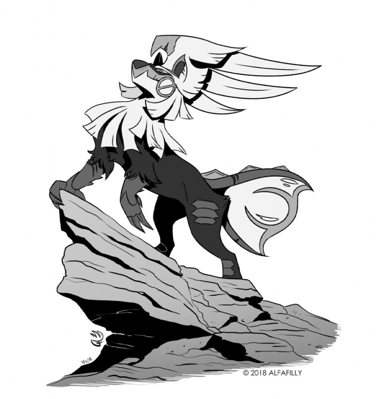 ambiguous_gender feral rock simple_background solo white_background alfafilly nintendo pokemon generation_7_pokemon legendary_pokemon pokemon_(species) silvally monochrome