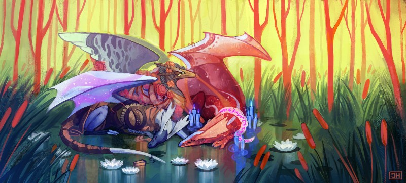 ambiguous_gender feral forest grass group horn lying membrane_(anatomy) membranous_wings plant quadruped sleeping tail tree wings iovin european_mythology flight_rising mythology dragon mirror_dragon mythological_creature mythological_scalie scalie western_dragon wildclaw_dragon 2018 digital_media_(artwork) hi_res