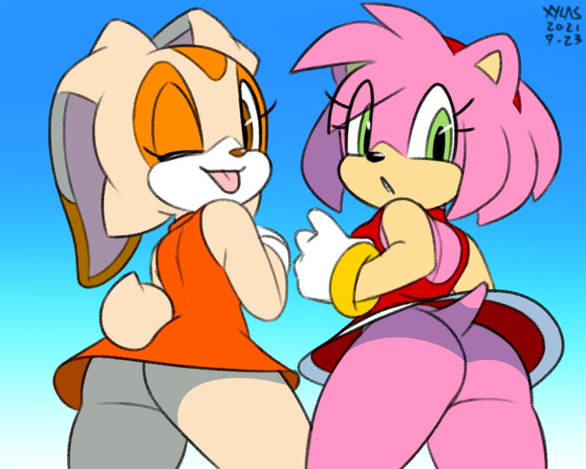 anthro backless_clothing backless_dress clothed clothing duo female hair looking_at_viewer low-angle_view no_underwear one_eye_closed tongue tongue_out translucent translucent_hair upskirt wink xylas sega sonic_the_hedgehog_(series) amy_rose cream_the_rabbit eulipotyphlan hedgehog lagomorph leporid mammal rabbit 2021 5:4