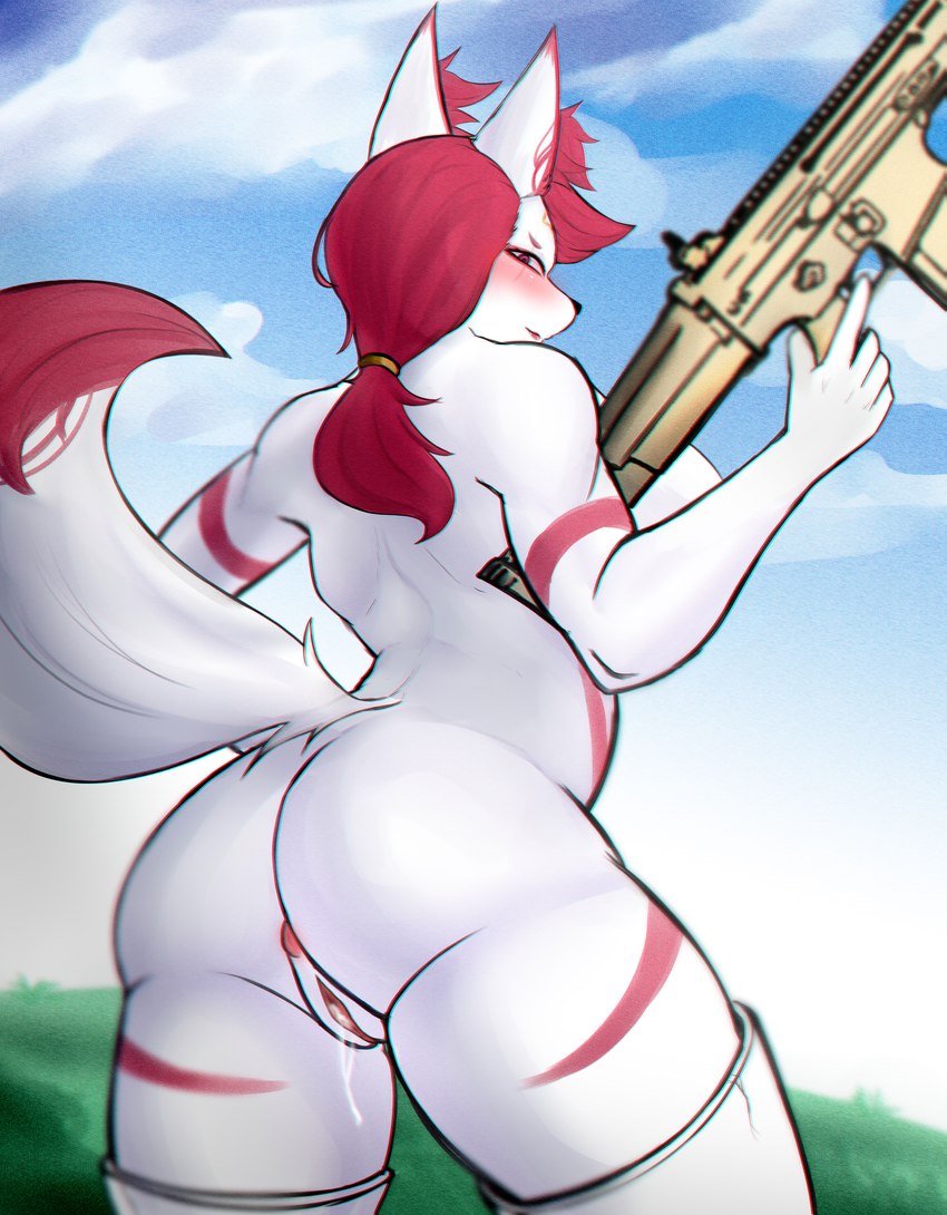 anthro blush breasts female fur genitals hair looking_at_viewer looking_back looking_back_at_viewer nude pussy rear_view solo tail white_body white_fur jimmynimha epic_games fortnite kimiko_five-tails canid canine fox mammal absurd_res hi_res